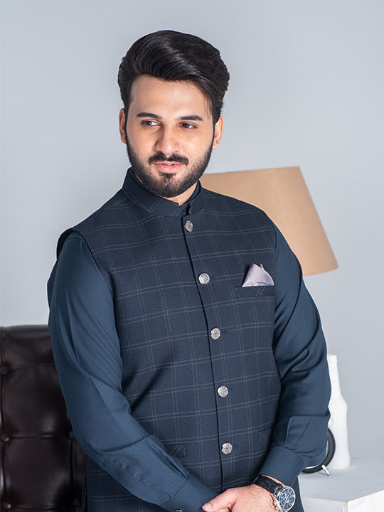 Navy blue clearance check waistcoat