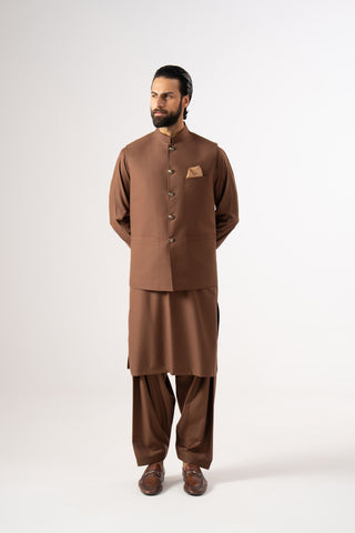 Brown Three Piece Shalwar Kameez Waistcoat Combo