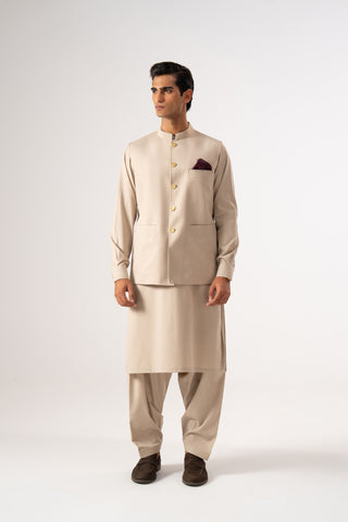 Beige Three Piece Shalwar Kameez Waistcoat Combo