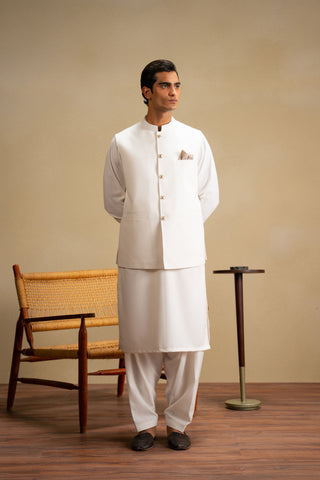 Off White Three Piece Shalwar Kameez Waistcoat Combo