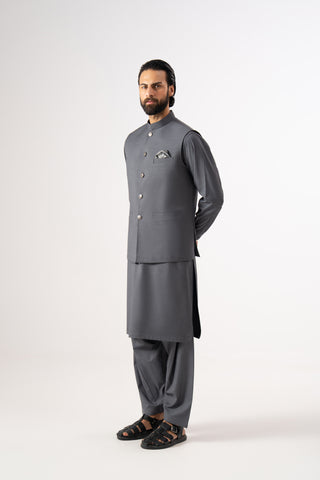 Grey Three Piece Shalwar Kameez Waistcoat Combo