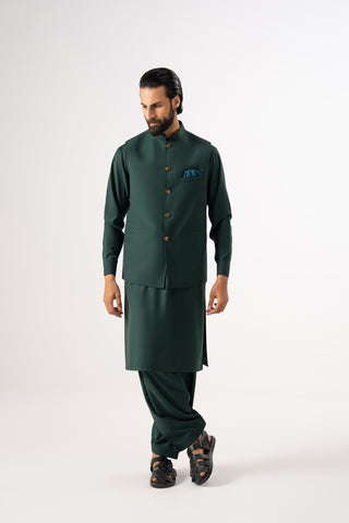 Emerald Green Three Piece Shalwar Kameez Waistcoat Combo