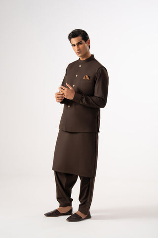 Dark Brown Three Piece Shalwar Kameez Waistcoat Combo